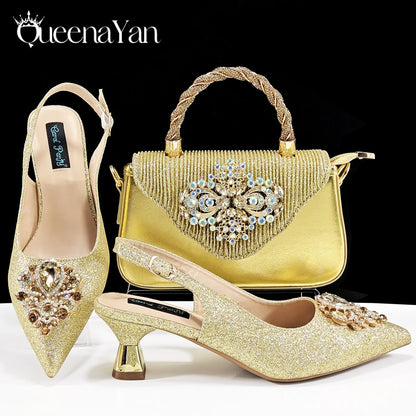 Hot Selling INS Pointed-Toe Luxury Style Women High Heels Sandal With Bag Set Orange Color for Wedding Party