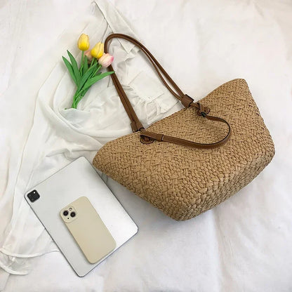 Summer Wicker Woven Basket Bags Rattan Women Handbags Handmade Summer Beach Straw Tote Bag Designer Shoulder Bag Khaki