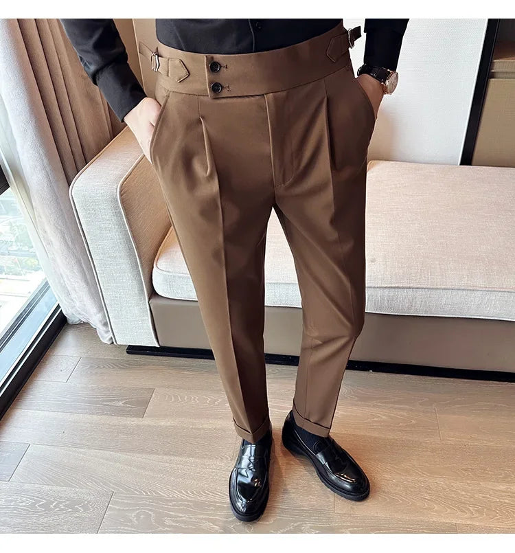 Autumn Winter High Waist Business Dress Pants Men Casual Belt Design Slim Suit Pants Formal Wedding Social Party Male Trousers