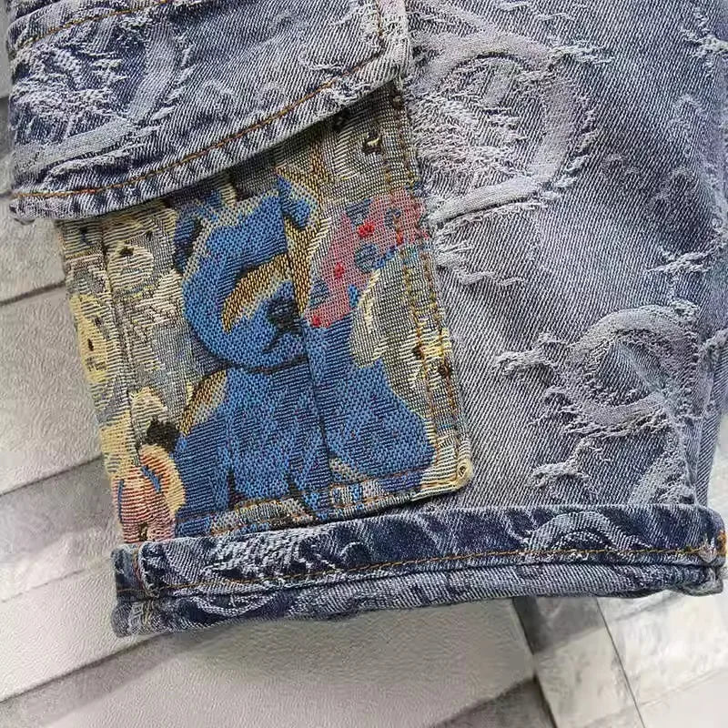 Men's Denim Shorts Overalls Chinese Loong Printed Simple Pants Blue Shorts Spring and Summer