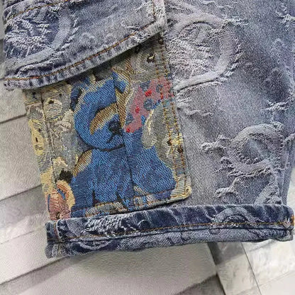 Men's Denim Shorts Overalls Chinese Loong Printed Simple Pants Blue Shorts Spring and Summer