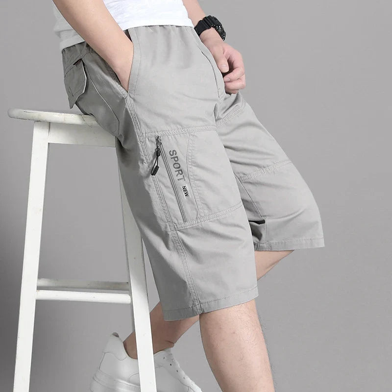 Men Cropped Cargo Shorts Men's Casual Sports Pants Zipper Pocket Summer Cotton Shorts Running Jogger Shorts Elastic Waist