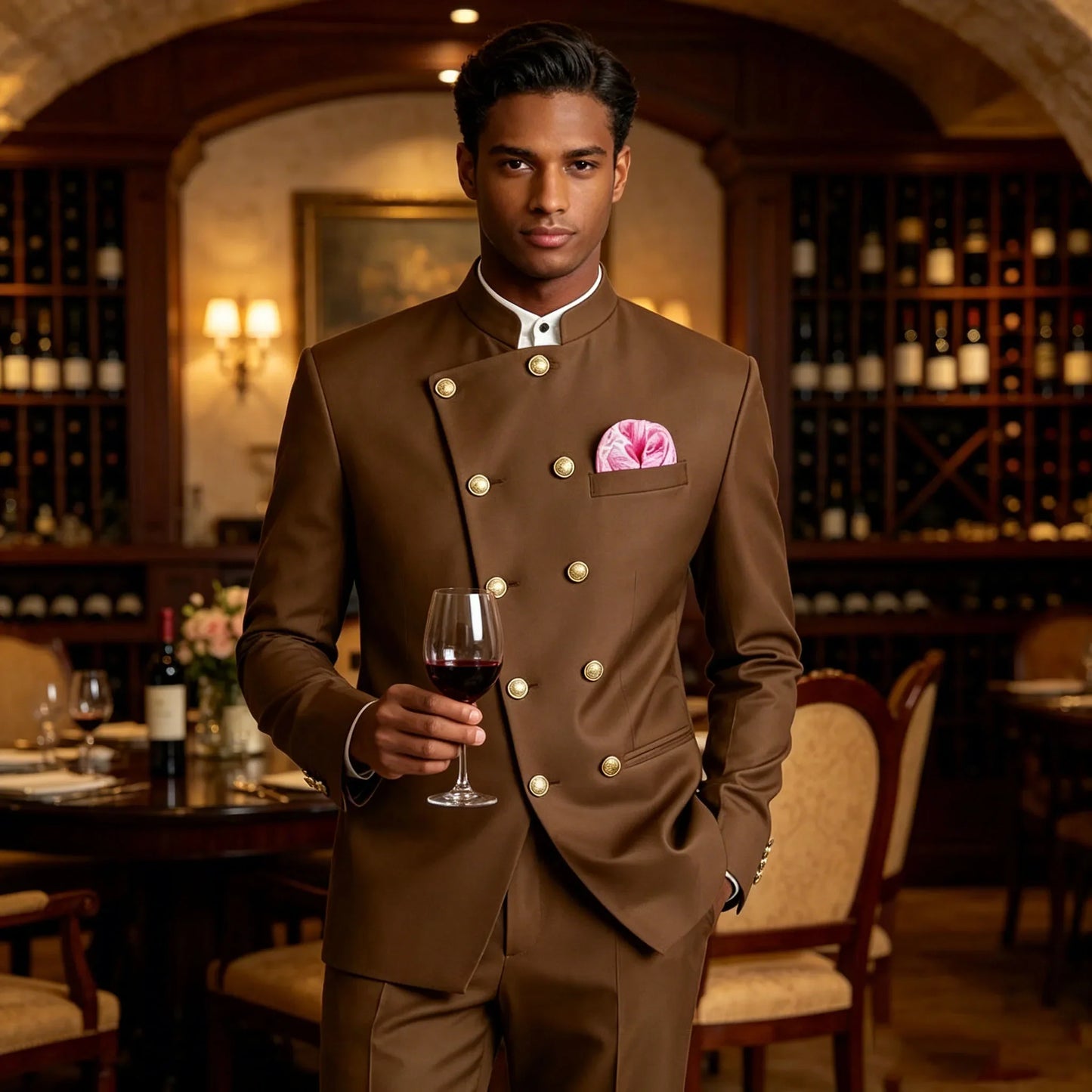 Men's Chinese Style Suit 2 Piece Brown Mandarin Collar Double Breasted With Gold Buttons Formal Jacket Pants For Business Weddin