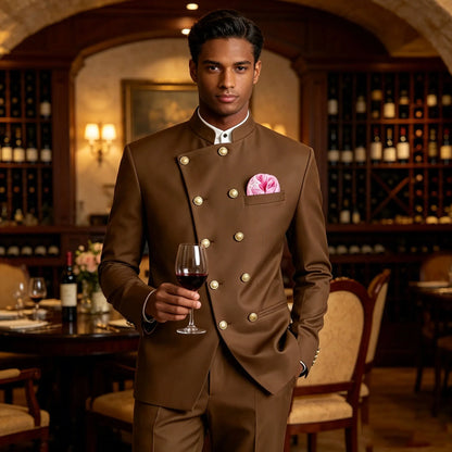 Men's Chinese Style Suit 2 Piece Brown Mandarin Collar Double Breasted With Gold Buttons Formal Jacket Pants For Business Weddin