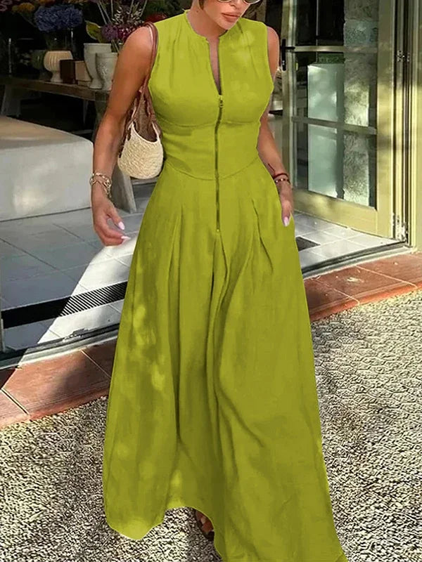 Office Lady Commute Pleated A-line Dress 2026 New Summer Fashion Solid Color Sleeveless Zipper Evening Maxi Dresses