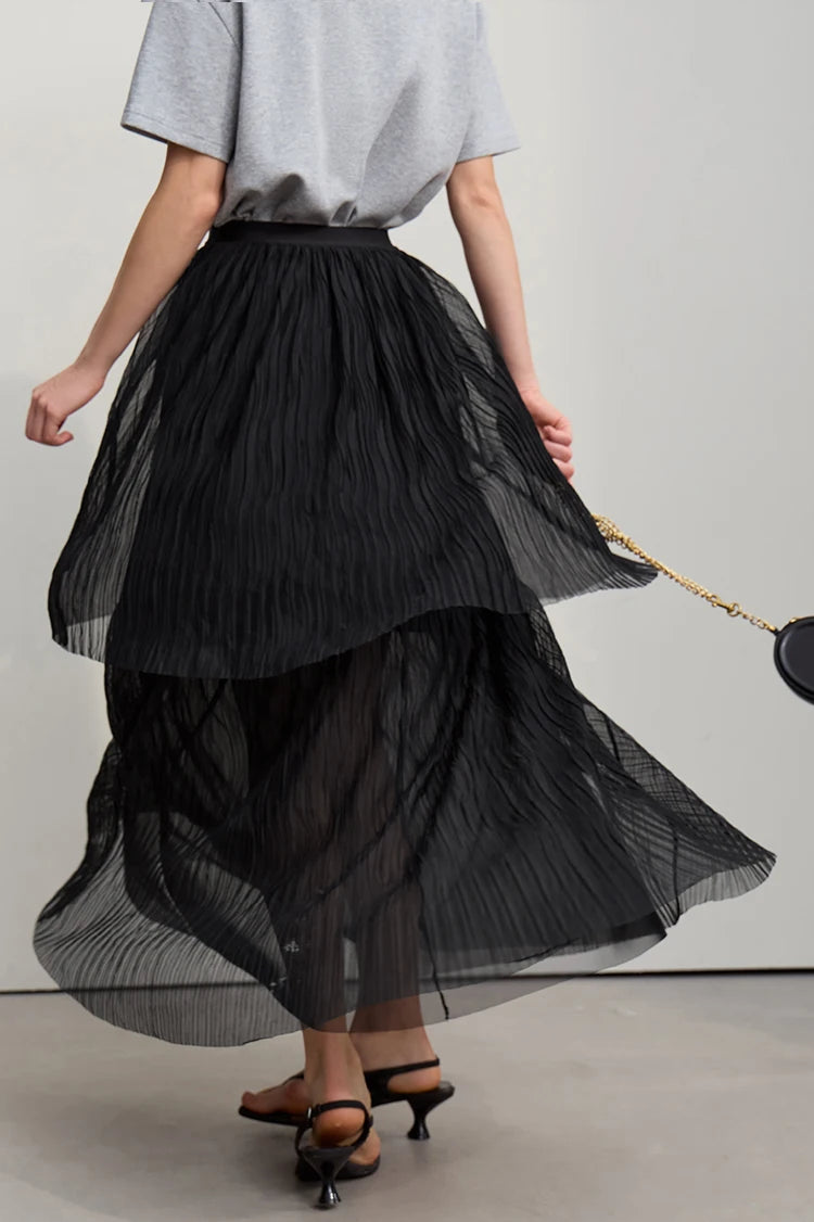 Long Skirt 2026 Spring New Casual Vacation Waist Pleated Mesh Long Skirt Women Loose Solid Versatile Woman Clothes 12621001