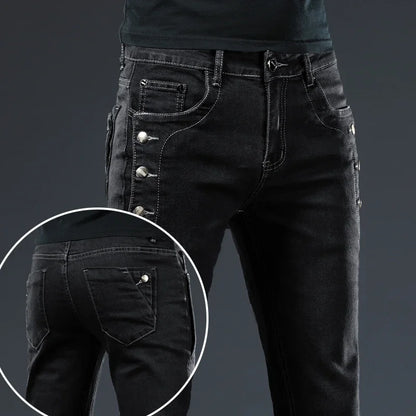 Slim Skinny Jeans Men New Elastic Korean Design Fashion Multi-Button Blue White Vintage Wash Cotton Stretch Denim Pants Trousers