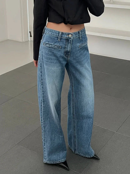 Retro High Waist Slim Fit Blue Jeans Women's Autumn Winter Straight Leg Long Pants Wide Leg Pants Classic Waed Denim