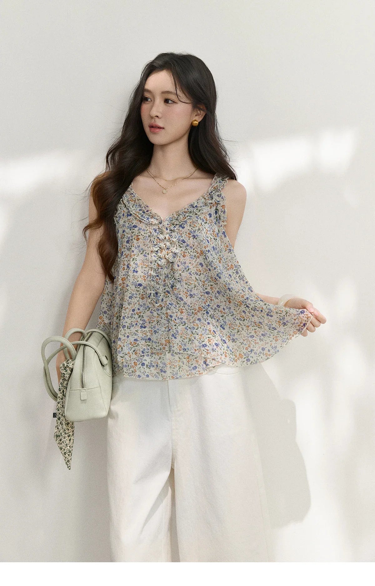 Fashion Floral Ruffles Camis For Women 2026 Summer New Loose A-Line Slimming Design Double Hem Vacation Top MXF26X2666