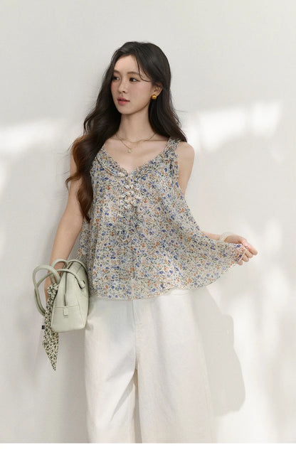 Fashion Floral Ruffles Camis For Women 2026 Summer New Loose A-Line Slimming Design Double Hem Vacation Top MXF26X2666