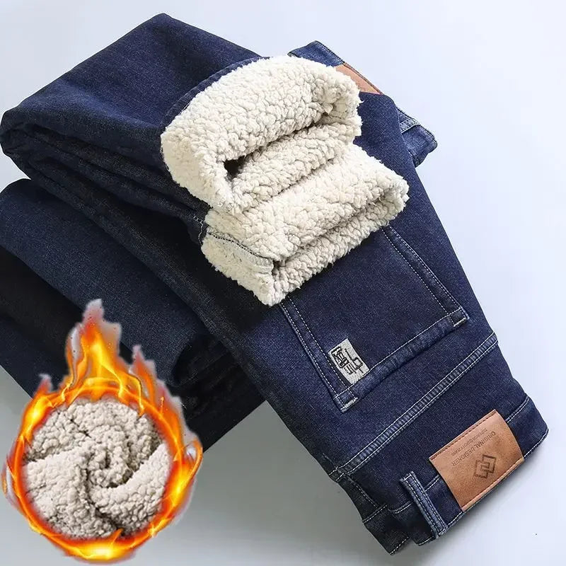 Winter Warm Fleece Jeans Men 2023 Straight Stretch Thick Casual Thermal Denim Pants Male Business Work Trousers New Men Clothing