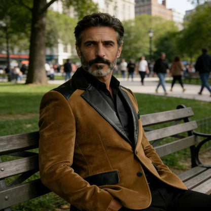 Men's Camel Velvet Blazer with Leather Patchwork Slim Fit Formal Casual Tuxedo Jacket Two-Tone Business Suit Coat