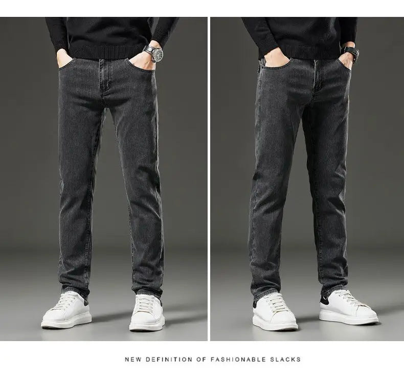 Men's autumn and winter hot jeans elastic small straight leg pants black gray micro elastic zipper fashionable versatile jeans
