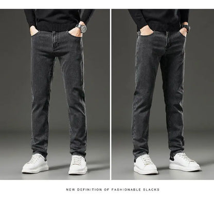 Men's autumn and winter hot jeans elastic small straight leg pants black gray micro elastic zipper fashionable versatile jeans