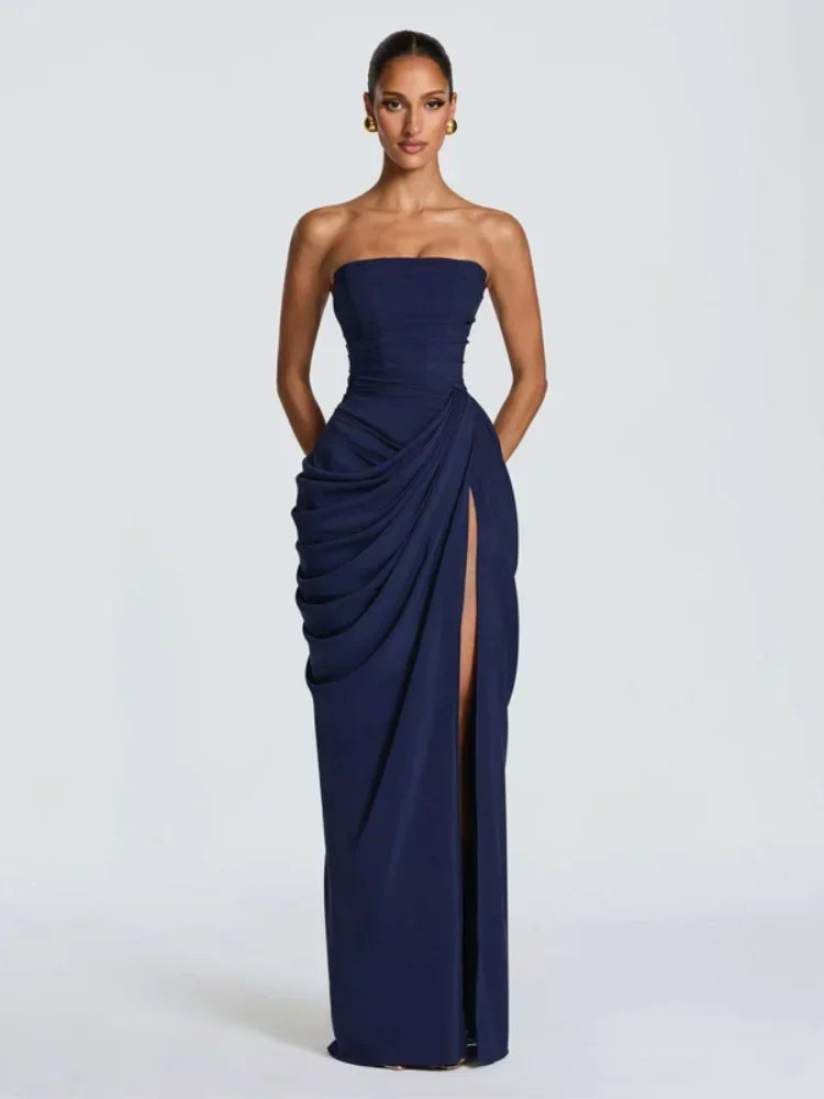 Women Strapless Pleated Long Dress Elegant Solid Split Sleeveless Backless High Waist Slim Fit Maxi Dresses 2026 Lady Party Robe