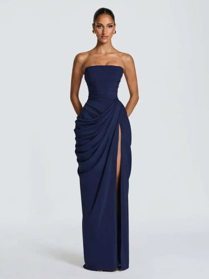 Women Strapless Pleated Long Dress Elegant Solid Split Sleeveless Backless High Waist Slim Fit Maxi Dresses 2026 Lady Party Robe