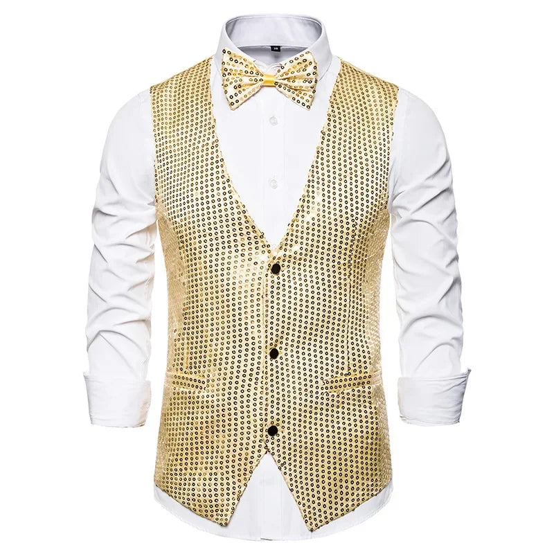 New Gold Sequin Vest Men's Single-breasted V-neck Sleeveless Vests Coat Wedding Party Waistcoat Silver Blue Purple Red Tops