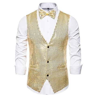 New Gold Sequin Vest Men's Single-breasted V-neck Sleeveless Vests Coat Wedding Party Waistcoat Silver Blue Purple Red Tops