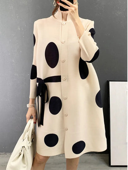 Miyake Pleated Dot Printing Dress 2025 Autumn Single Breasted Plus Size Drawstring Elegant Streetwear Festival Women Clothing