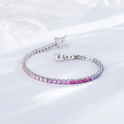 925 Silver Tennis Bracelet, 3mm Pave CZ, Dark Ruby/Rainbow/Blue/Green/Black, Eternity Design, Fine Jewelry for Women