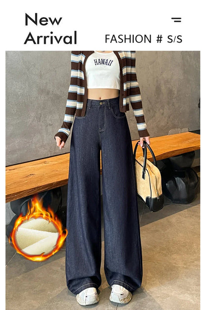 Wide Legs Fleece Jeans Women Winter Loose Velvet Casual Pants Comfortable Warm Straight Fashion Pocket Plush Denim Trousers