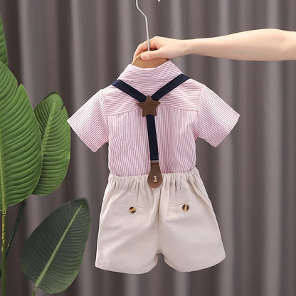 Fashion Summer Children Kids Boy's Clothes Blue Strips Shirt Bib Shorts 2Pcs/Set Gentleman Baby Toddler Tracksuits 0-5 Years