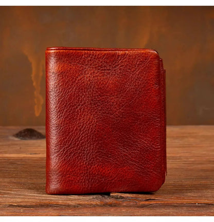 Men's Hand-Rubbed Genuine Leather Short Wallet Top-Grain Vegetable-Tanned Zipper Wallet with Driver's License Card Holder