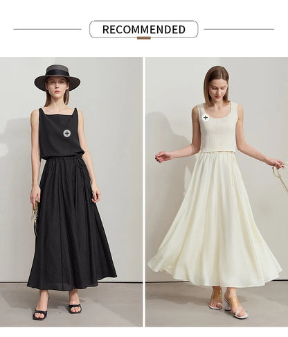 Minimalist New Summer Knee Length A-line Skirt Women Adjustable Drawstring Solid Color Commuting Style Loose Skirt 12522025