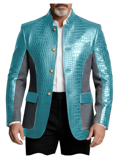 Men's Crocodile Embossed Leather Brown Jacket Patchwork Denim Stand Collar Slim Fit Luxury PU Blazer For Business Casual Party