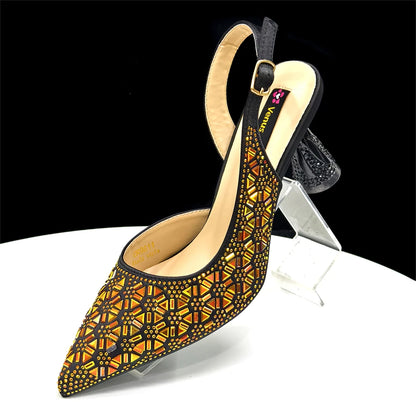 Elegant Black and Gold Pointed-Toe Italian Women's High-Heeled Shoe and Bag Set with Full Diamond Accents – Perfect for Party