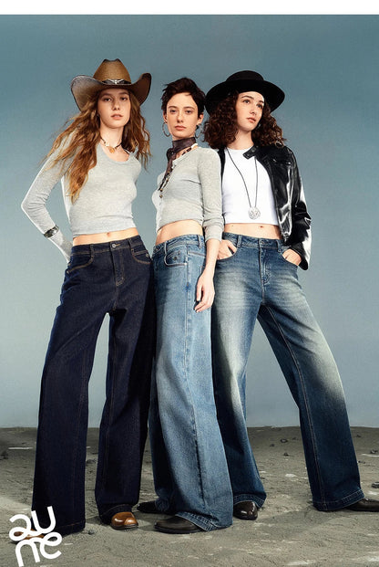 Women Denim Jeans 2025 Autumn New Lycra Stretch Washed Wide Leg Straight Long Pants