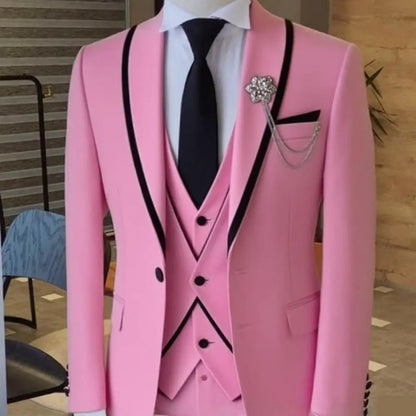 Men's Solid Slim Fit 3-Piece Business Suit Set with Blazer Vest And Pants for Wedding Party Luxury Fashion Tuxedo