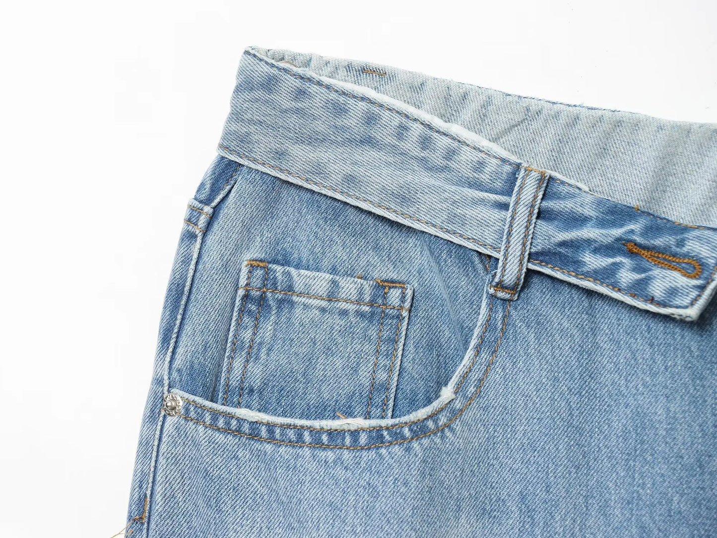 2025 women's new street fashion fold waist mid waist washed ripped jeans loose version of the floor-length pants