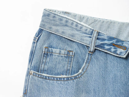 2025 women's new street fashion fold waist mid waist washed ripped jeans loose version of the floor-length pants