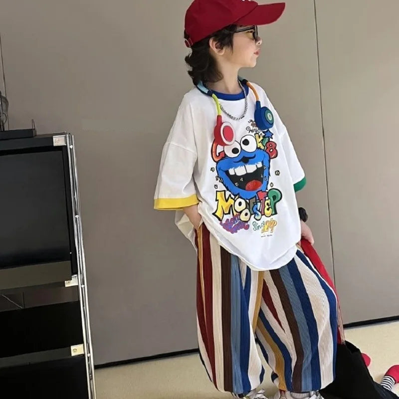 Summer Boys Cotton Contrast Cartoon T-Shirt Tops+Loose Colored Stripes Pant Set School Kids Tracksuit Child 2PCS Outfit 5-16 Yrs