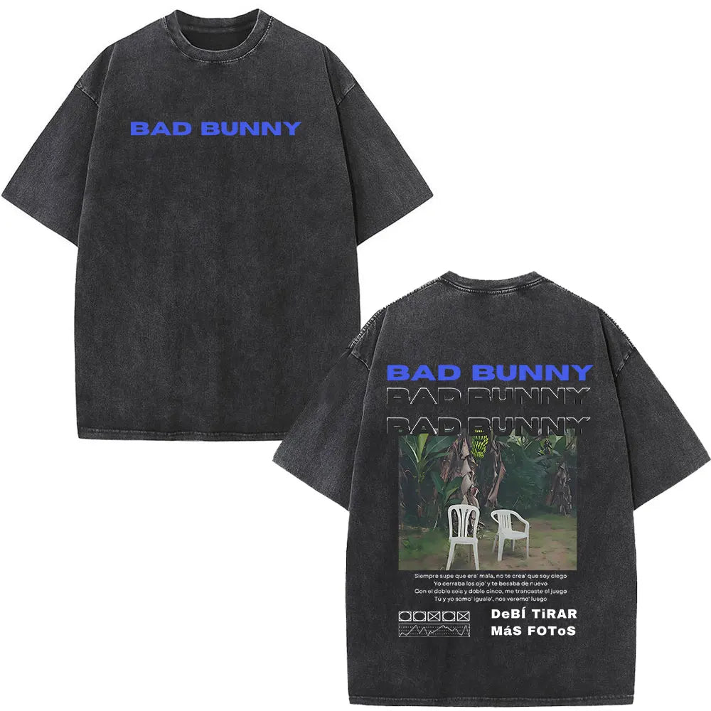Rapper Bad Bunny Washed Vintage T-shirt Debi Tirar Mas Fotos DTMF World Tour T Shirts Men's Fashion Hip Hop T-shirts Streetwear