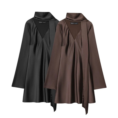 Women Fashion Satin Elegant Short Dress Summer Autumn New Long Sleeve Scarf V neck Mini Dress Female Elegant Party Dresses
