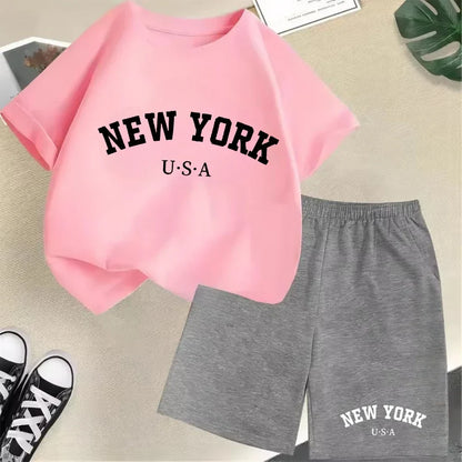 2026 New Kids Boys Girls New York Letter Pattern Cotton T-shirt+Shorts 2-Piece Set Casual Daily