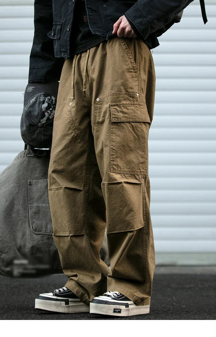 American Tactical Cargo Pants Men Heavyweight Cotton Loose Fit Straight Leg Camouflage Vintage Washed Outdoor Streetwear Premium