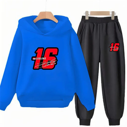 Children Hoodie Racing Sports driver number 16 Boys Girls Print Pullover 3-12Yrs Coat +Pants Toddler Clothes Leisure Black Set