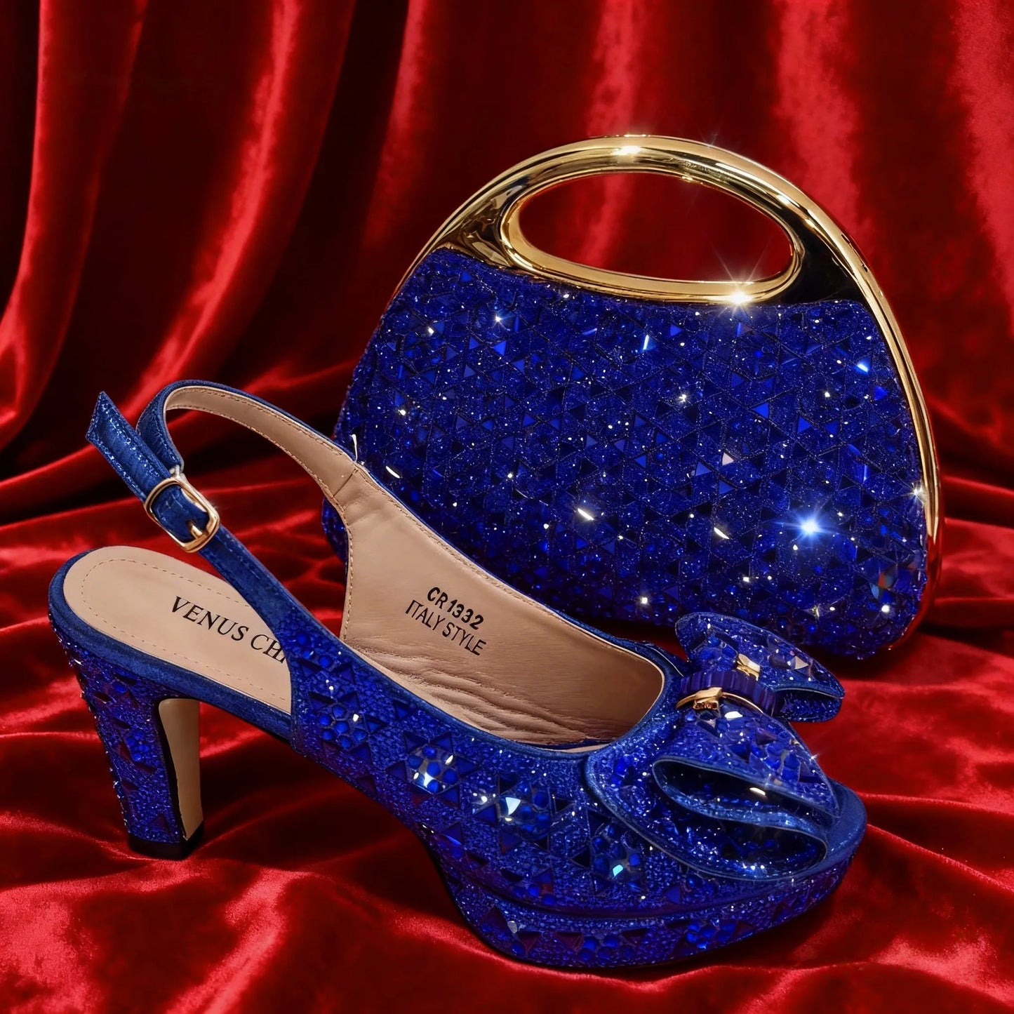 2026 Women’s Italian Gold High Heels with Rhinestone Detail & Matching Bag Set - Stylish Pointed Toe Design