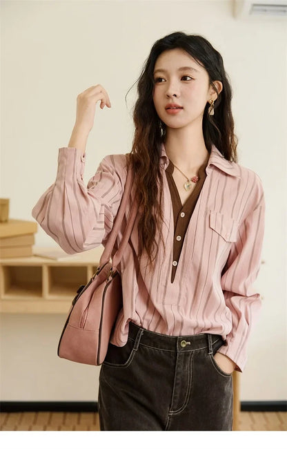 Peach Skin Velvet Stripe Shirt for Women Autumn 2025 Double Layered Collar Contrasting Color Shirt Commute Top MXE47C2408