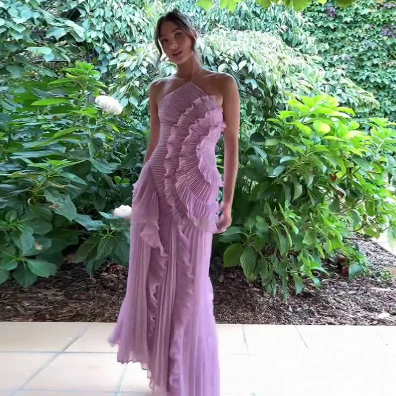 Lady New Unique Design Ruffled Gown Sexy Backless Sleeveless Party Dresses High End Elegant Vacation Formal Evening Gown
