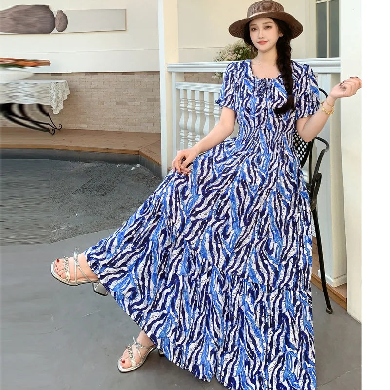 Summer New Cotton Silk Floral Print Maxi Dr ort Sve Beachwear High Waist Young Women's Large Skirt Swing Dr