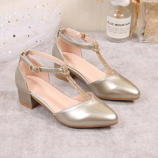 Children's Thick Heel Sandals Summer New Pointed-toe Girls' Crystal Princess Shoes Fashion Children's High-heeled Leather Shoes
