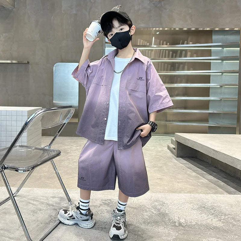 Fashion Kids Clothing Set Shirt Shorts Summer Suit for Teenage Boy Loose Casual Gradient Color Clothes Set Child Luxury Outfit
