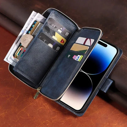 Double Layer Zipper Wallet Case with 9 Card Slots for iPhone 16 16E Pro Max 15 14 Plus13 12 Pro Max PU Leather Flip Cover