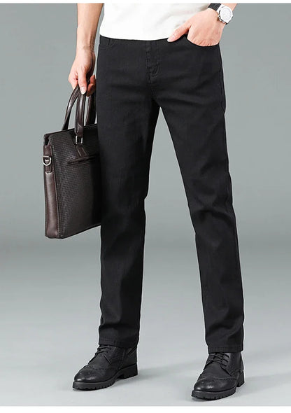Men's Pure Black Slim Jeans Elastic Straight Pants Business Fashion Leisure Korean Vintage Skinny Small Feet Denim Pants Male