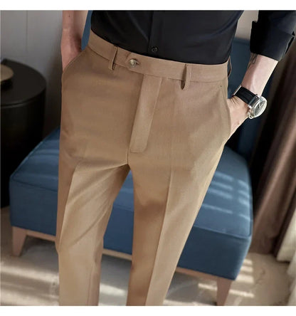 2024 New Men's Slim Fit Tapered Dress Pants Apricot Pearlescent Texture Business Casual Suit Trousers Spring Clothes