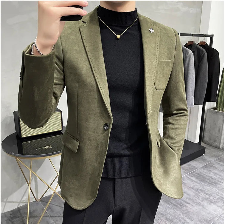 Men's Deerskin Fleece Suit Jacket 2025 Spring New High Quality Single Button Slim Fit Business Casual Suit Coat  Men Clothing